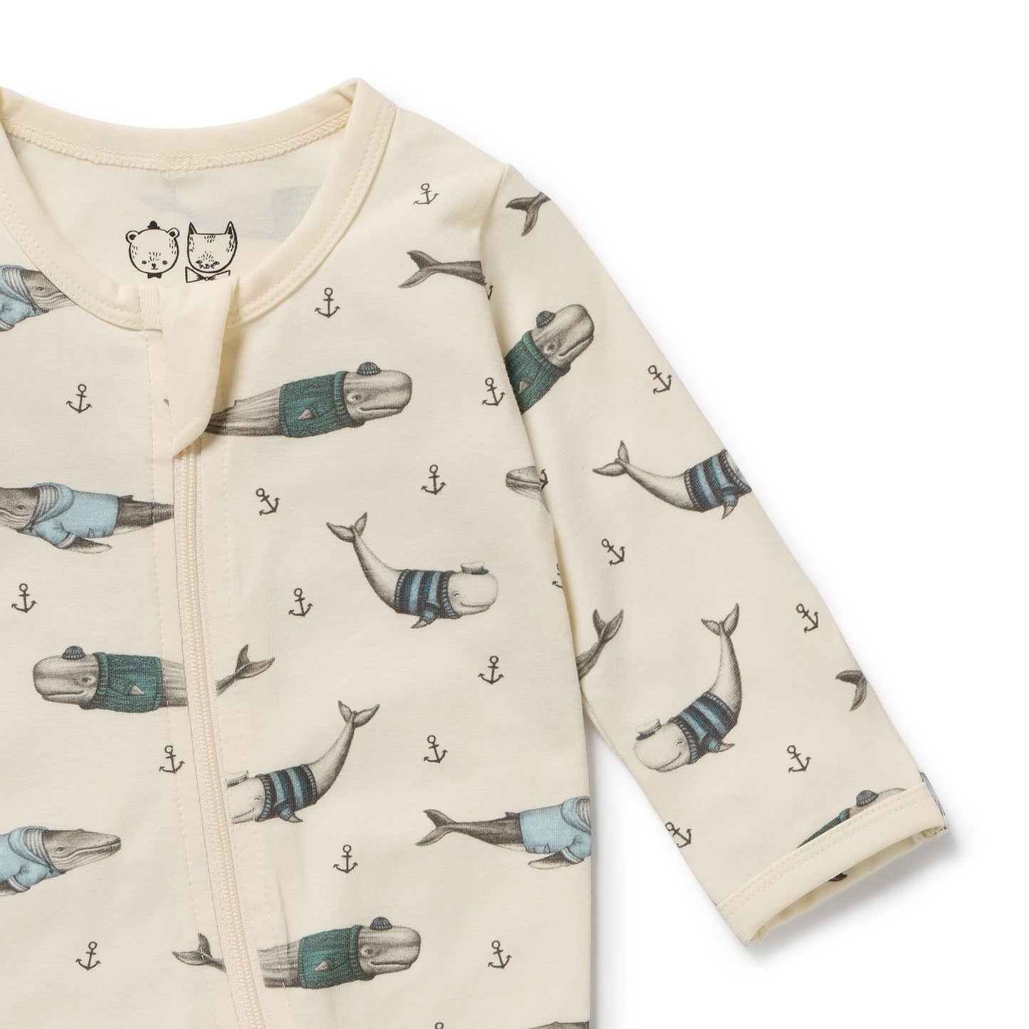 Wilson and Frenchy Organic Zipsuit with Feet - Woolly Whales | Rompers & Playsuits | Bon Bon Tresor