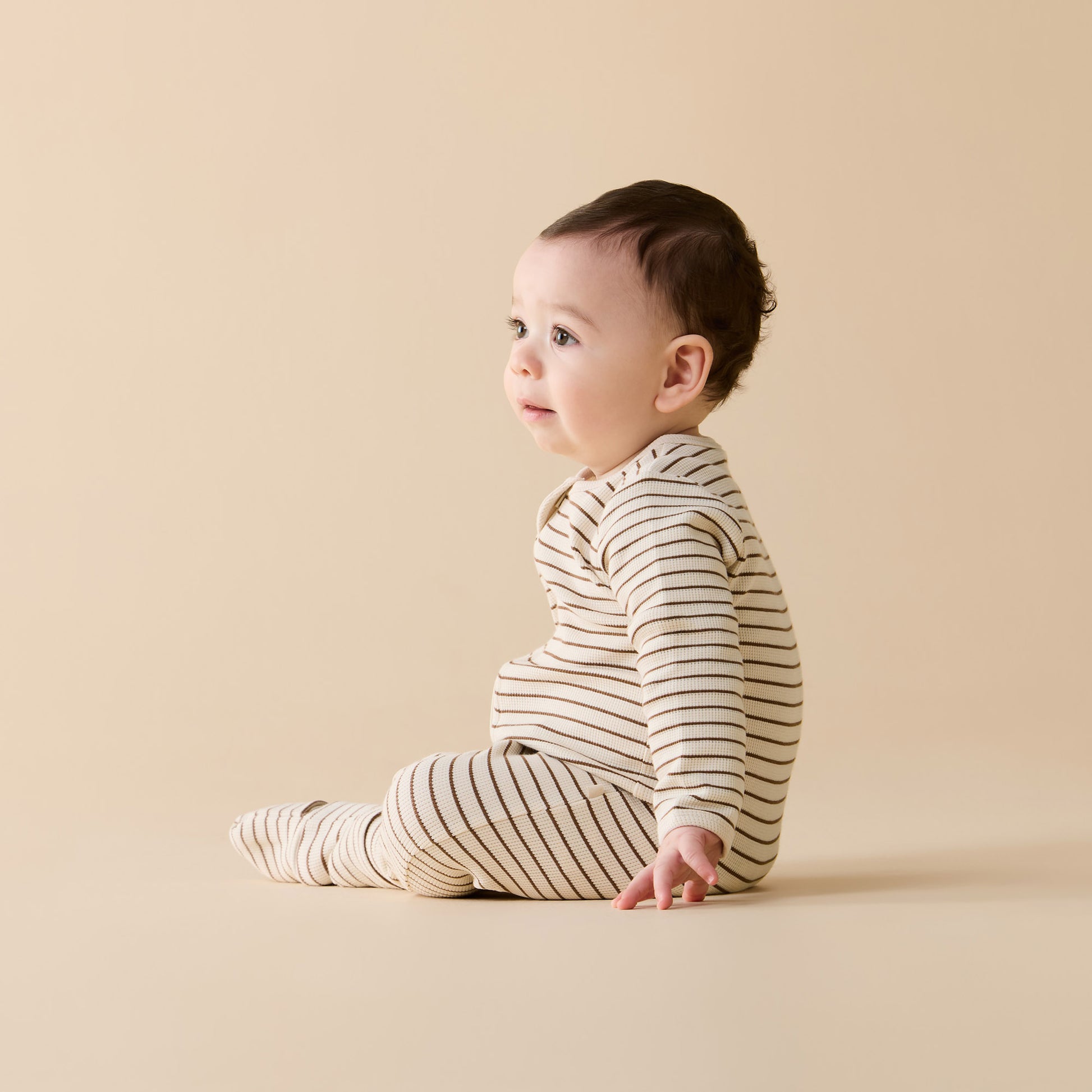 Wilson and Frenchy Organic Waffle Zipsuit - Nutmeg Stripe | Rompers & Playsuits | Bon Bon Tresor