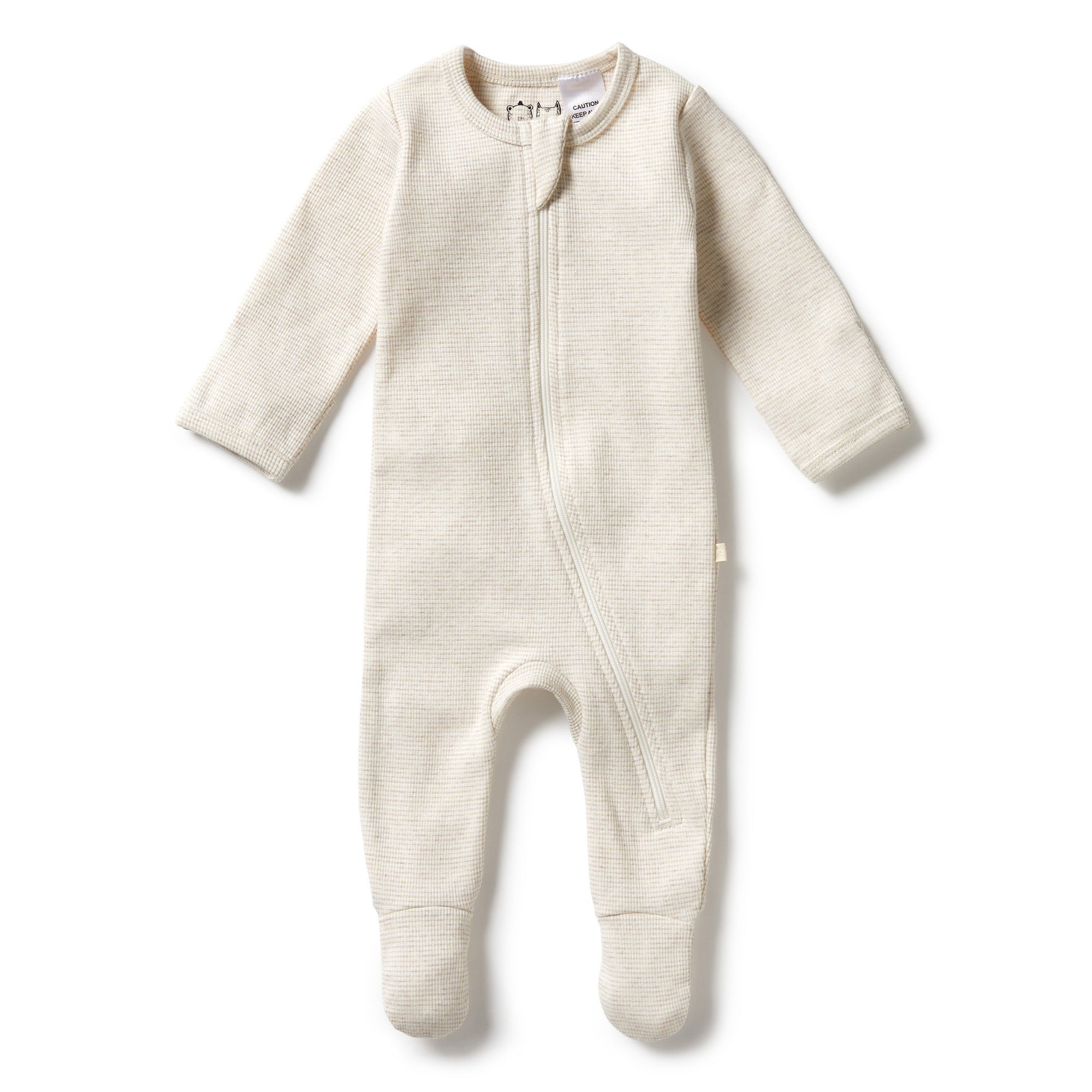 Wilson and Frenchy Organic Stripe Rib Zipsuit with Feet - Oatmeal | Rompers & Playsuits | Bon Bon Tresor