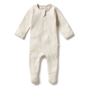 Wilson and Frenchy Organic Stripe Rib Zipsuit with Feet - Oatmeal | Rompers & Playsuits | Bon Bon Tresor