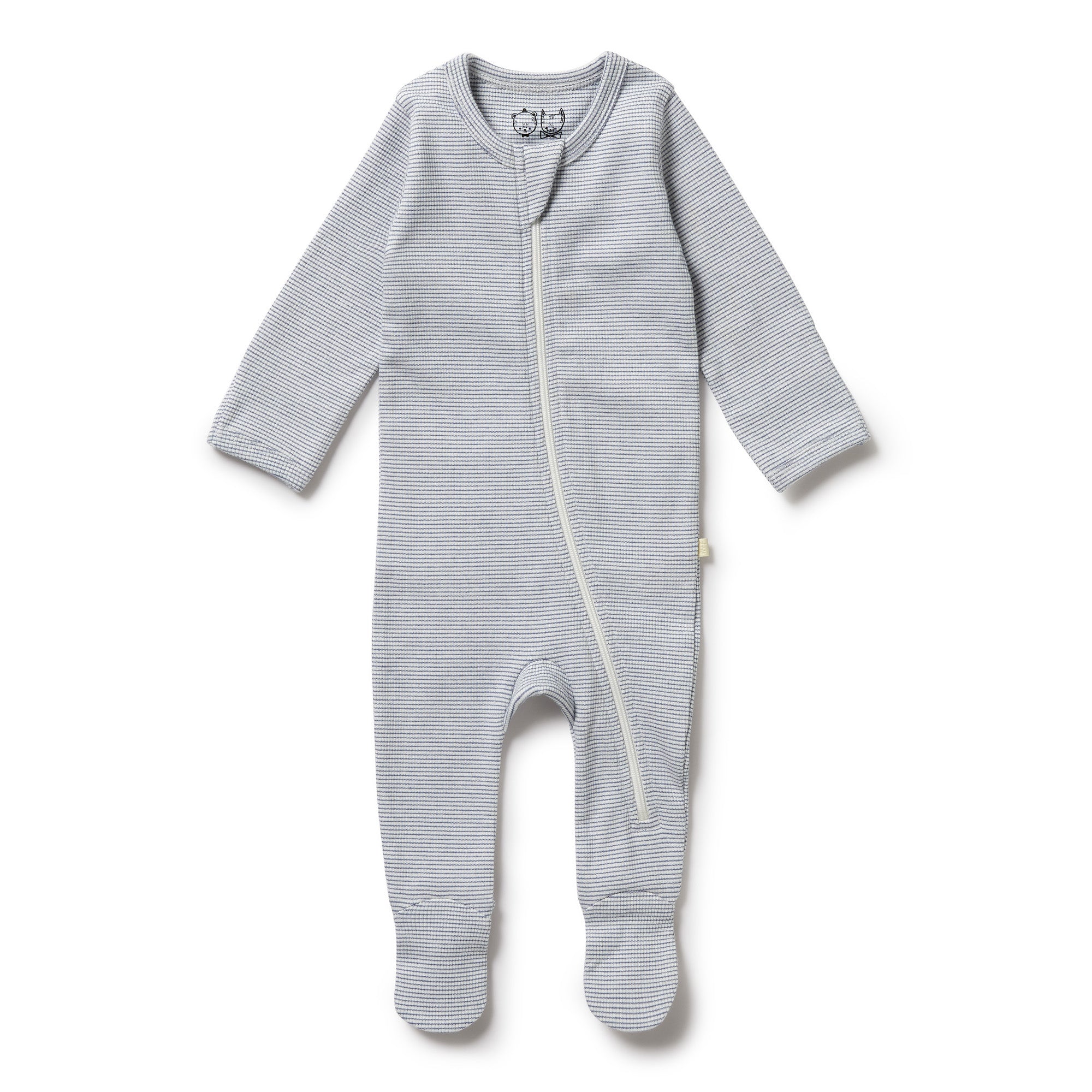 Wilson and Frenchy Organic Stripe Rib Zipsuit with Feet - Rain Drop | Rompers & Playsuits | Bon Bon Tresor
