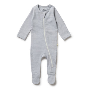 Wilson and Frenchy Organic Stripe Rib Zipsuit with Feet - Rain Drop | Rompers & Playsuits | Bon Bon Tresor
