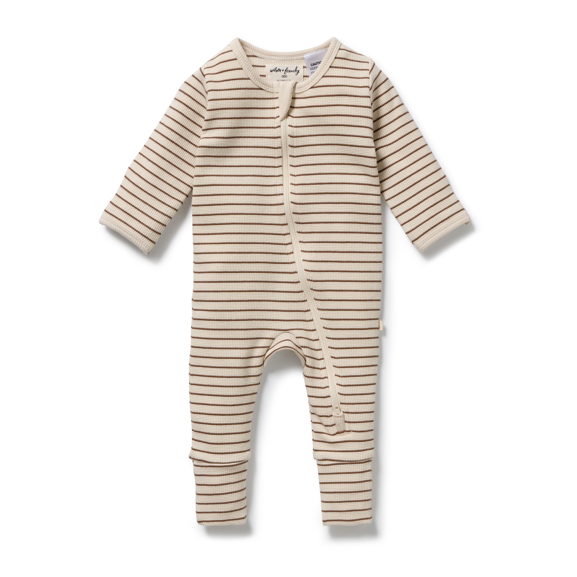 Wilson and Frenchy Organic Waffle Zipsuit - Nutmeg Stripe | Rompers & Playsuits | Bon Bon Tresor