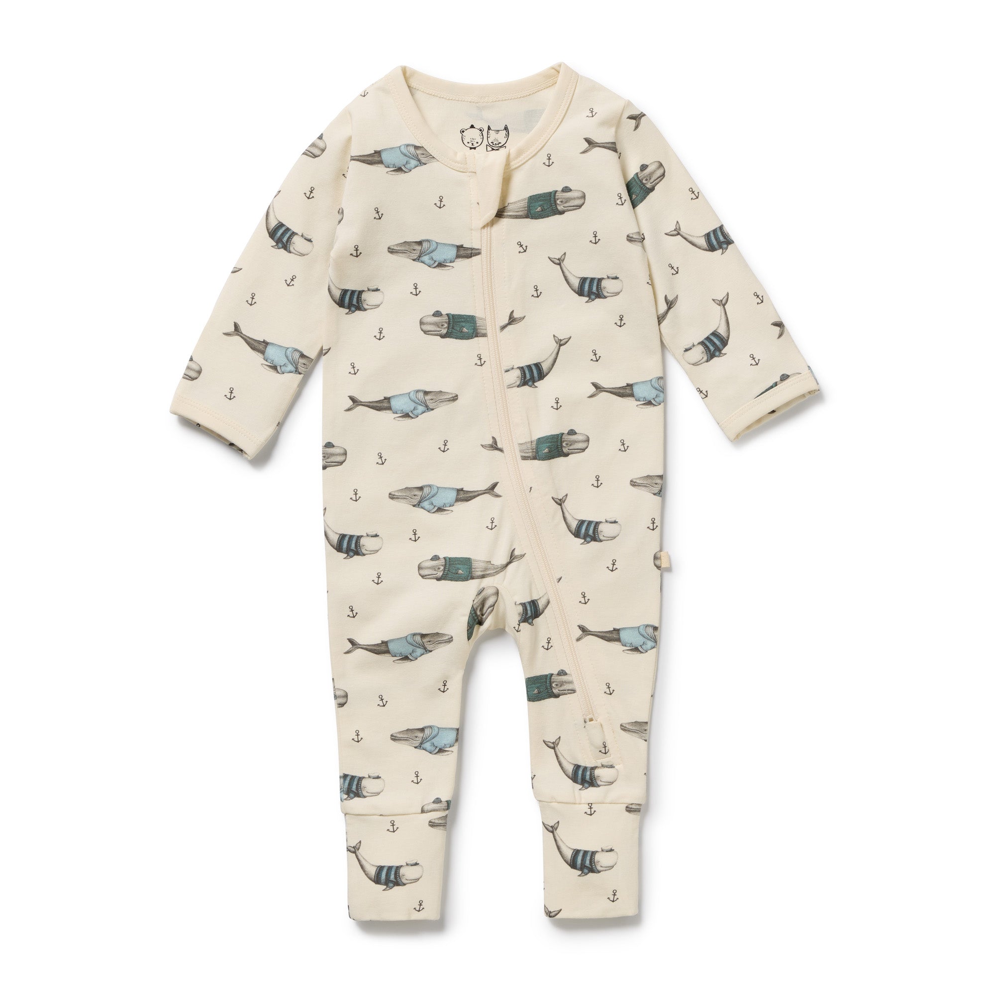 Wilson and Frenchy Organic Zipsuit with Feet - Woolly Whales | Rompers & Playsuits | Bon Bon Tresor