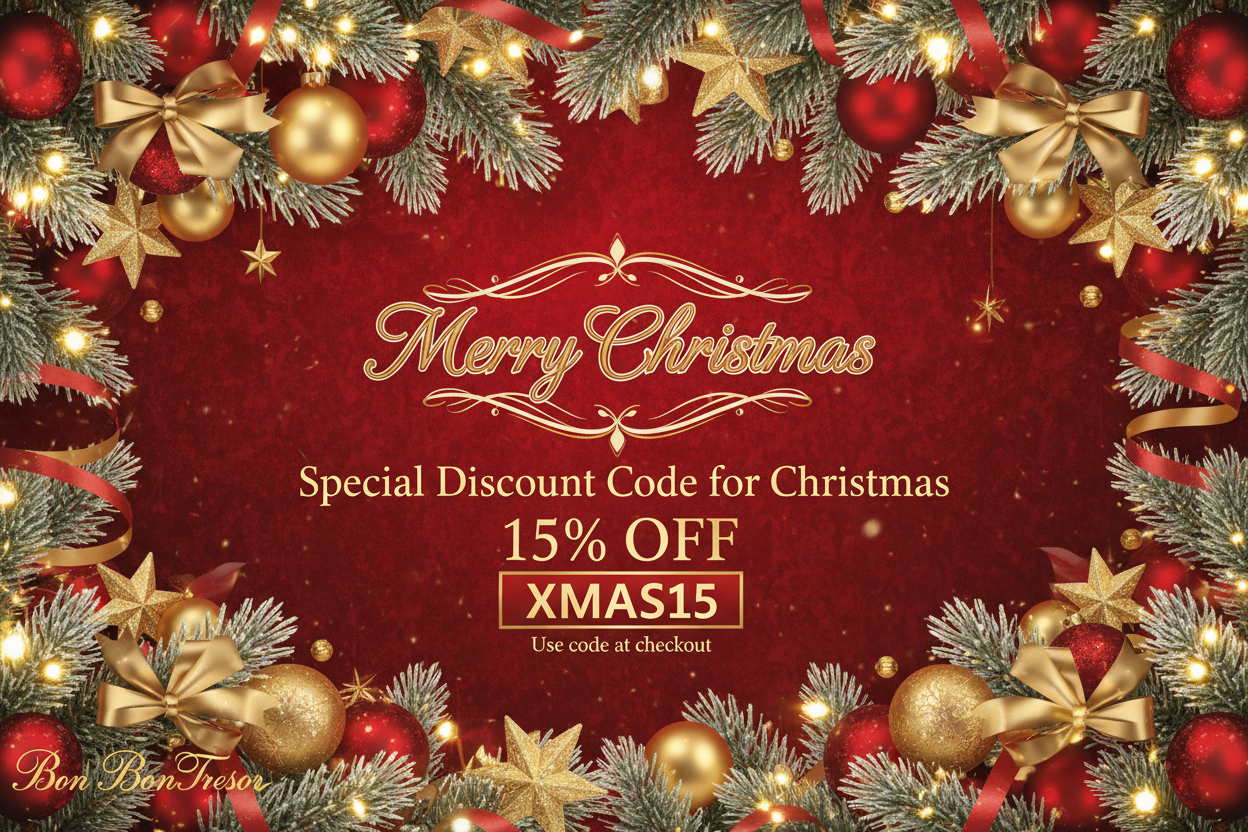 Create Merry Christmas Banner for Bon Bon Tresor: width: 1920px and add Special Discount Code for Christmas - 15% OFF - Use code " XMAS15 " at the checkout