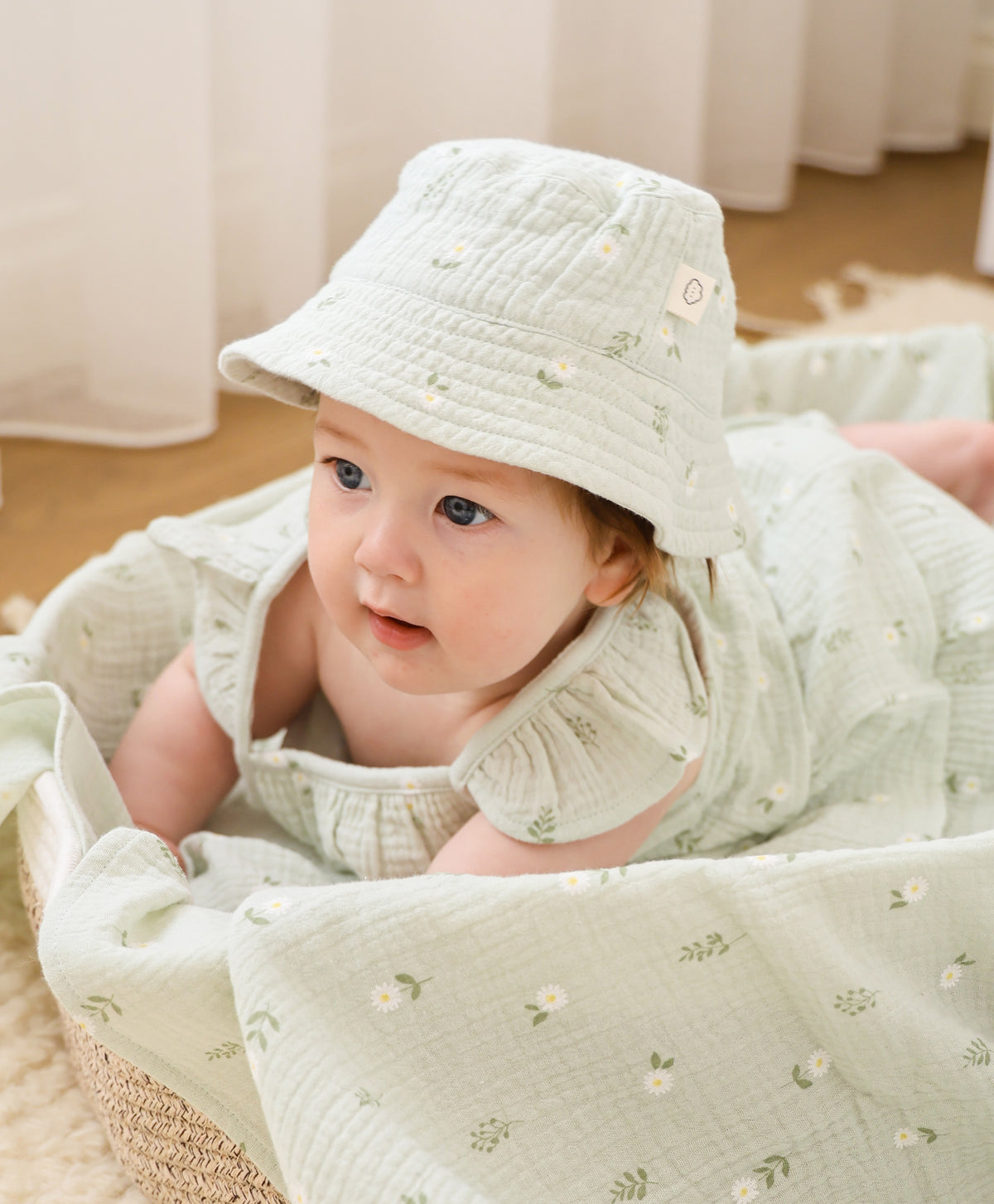 Lummi In Colour Organic Cotton Muslin Bucket Sun Hat - Daisy Green