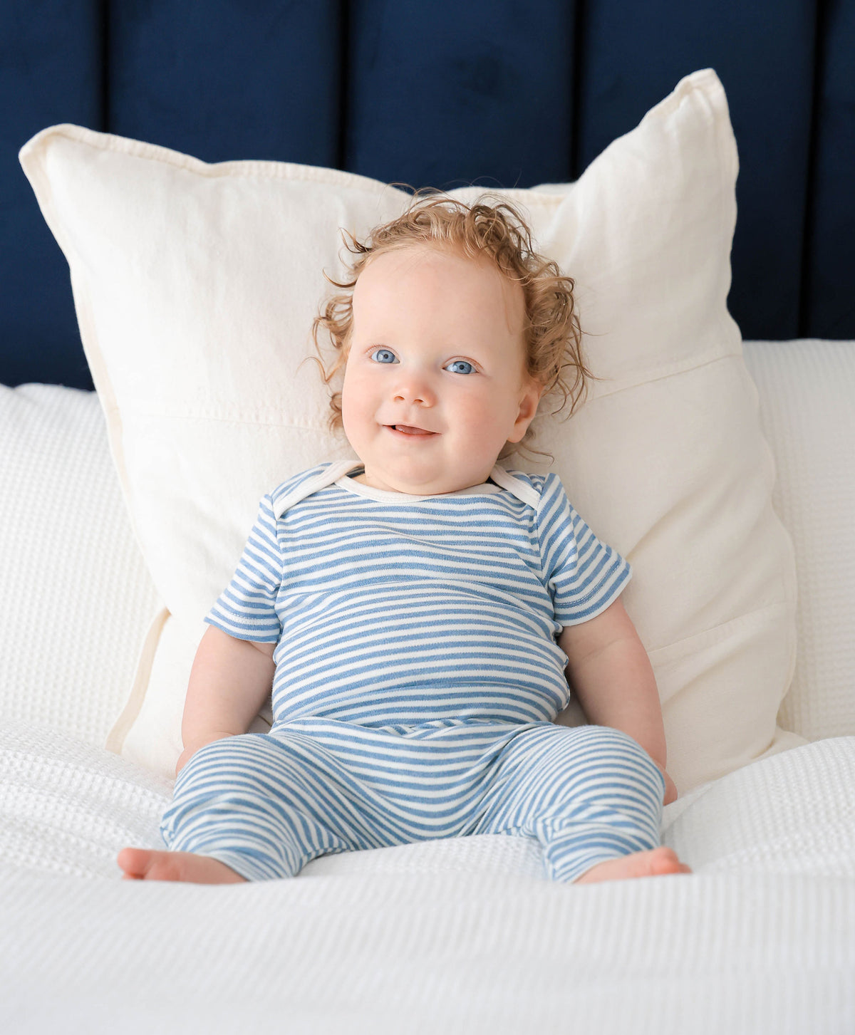 Lummi In Colour Organic Short Sleeve Bodysuit - Blue Stripes | Rompers & Playsuits | Bon Bon Tresor