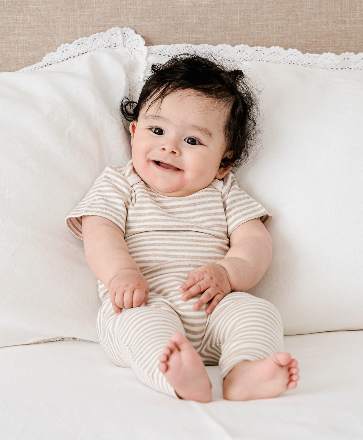 Lummi In Colour Organic Short Sleeve Bodysuit - Oat Stripes | Rompers & Playsuits | Bon Bon Tresor