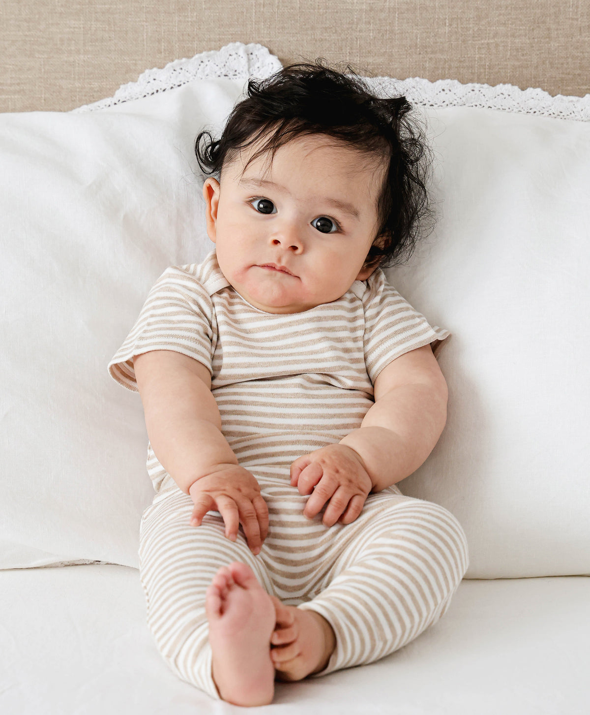 Lummi In Colour Organic Short Sleeve Bodysuit - Oat Stripes | Rompers & Playsuits | Bon Bon Tresor