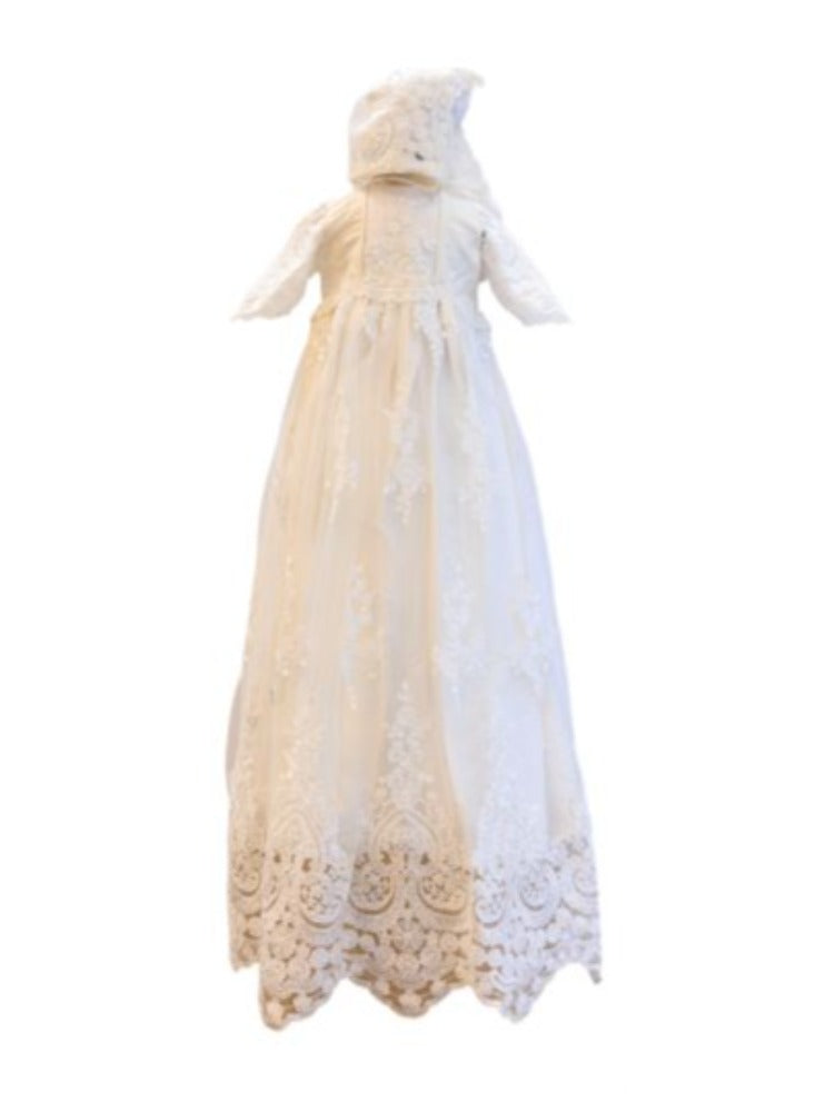 Christening - Sienna White 3/4 Sleeves Silk & Sequined Lace Gown | Gowns | Bon Bon Tresor