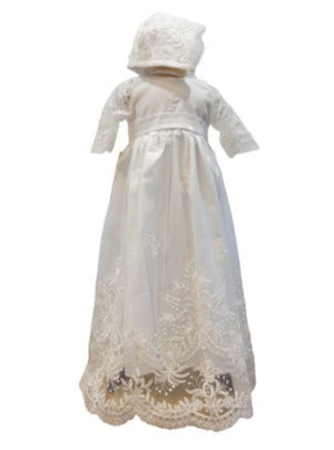 Christening - Sophia White 3/4 Sleeves Satin & Sequined Lace Gown | Gowns | Bon Bon Tresor