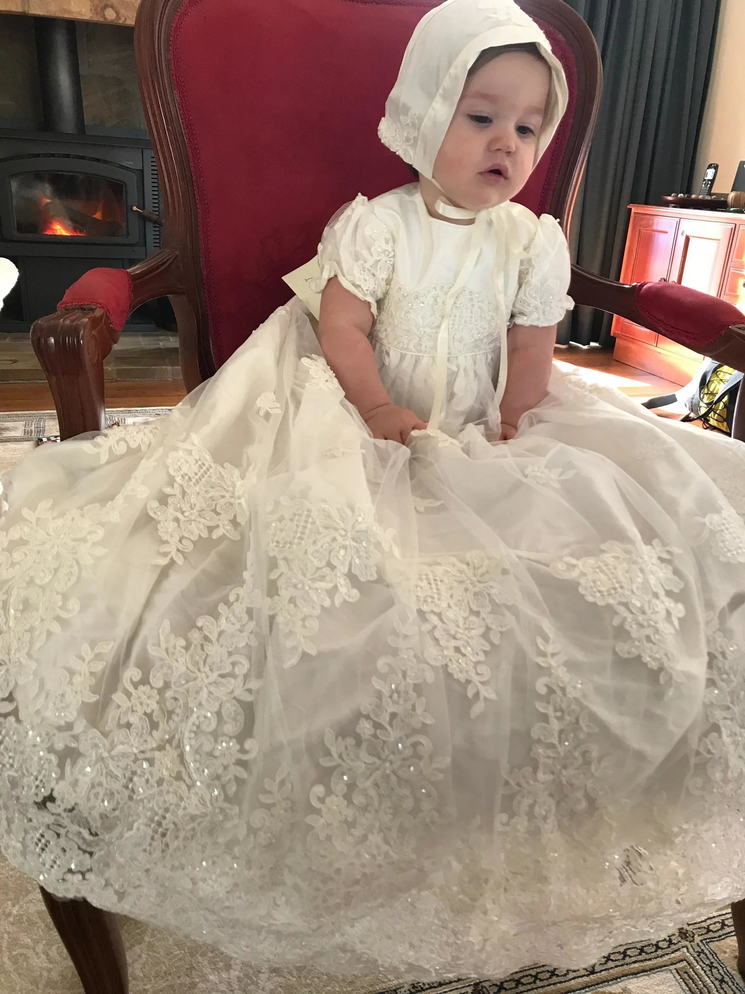 Christening Ivanka Ivory Lace Beaded Gown Bon Bon Tresor