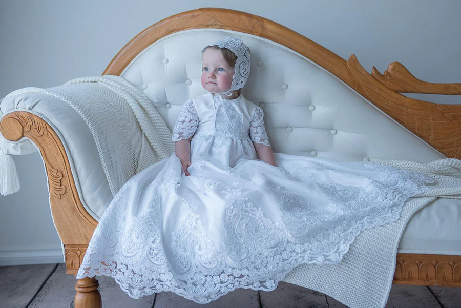 Christening - Sienna White 3/4 Sleeves Silk & Sequined Lace Gown | Gowns | Bon Bon Tresor