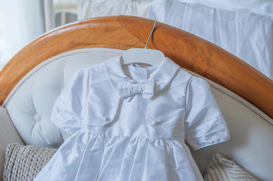 Christening - Breasted Silk Unisex Gown with Detachable Bow Tie | Gowns | Bon Bon Tresor