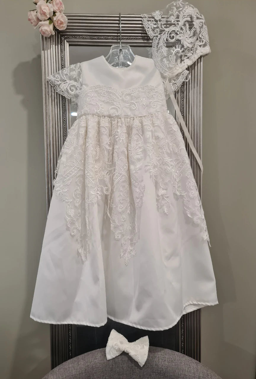 Christening - Daisy Satin Lace Sequined Short Gown | Gowns | Bon Bon Tresor