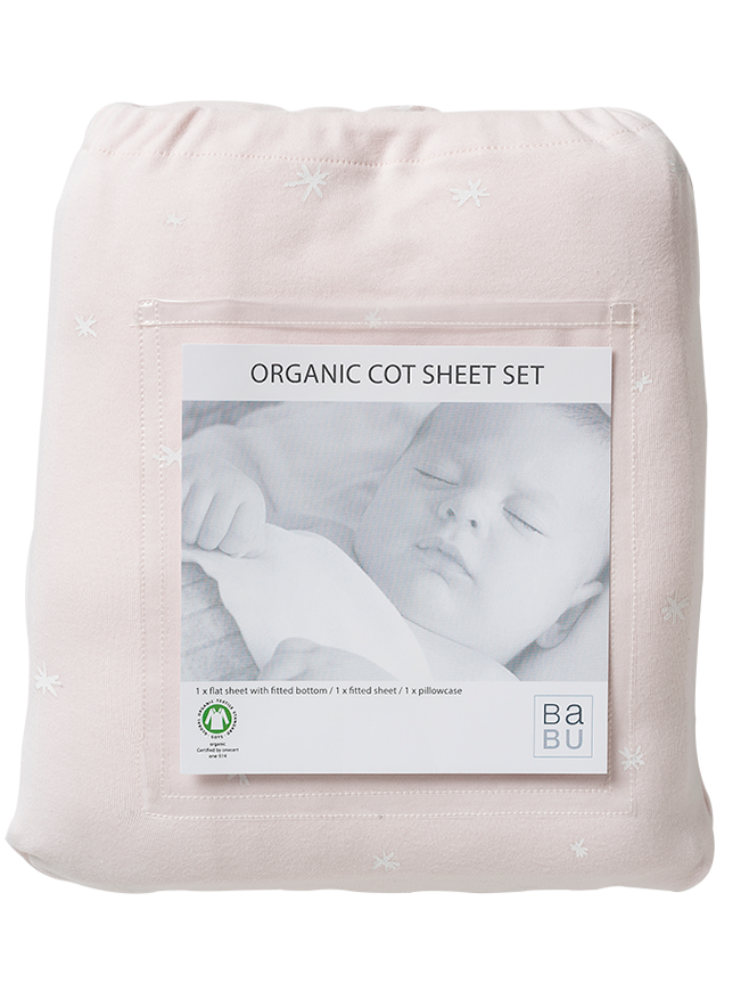 Babu Organic Cot Sheet Set Shell Pink Star | Cot Sheet | Bon Bon Tresor