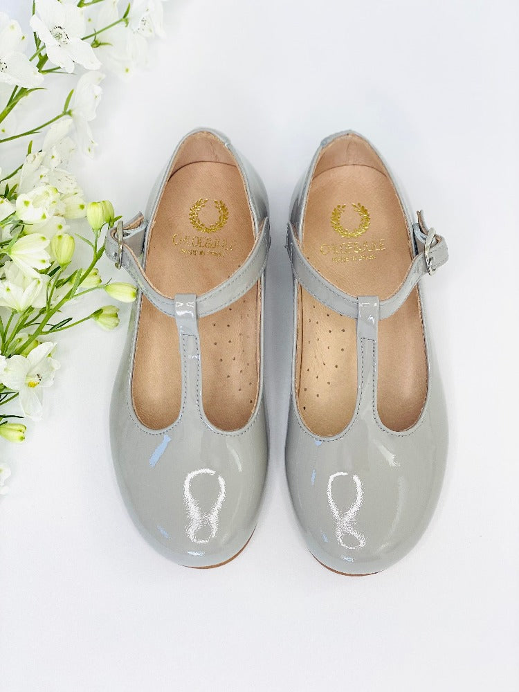 Chloe & Jule Mary Jane T-Bar Chloe Dove Grey Patent | Dress Shoes | Bon Bon Tresor