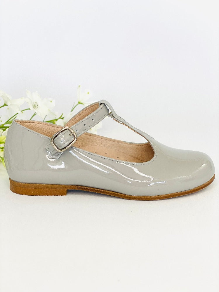 Chloe & Jule Mary Jane T-Bar Chloe Dove Grey Patent | Dress Shoes | Bon Bon Tresor