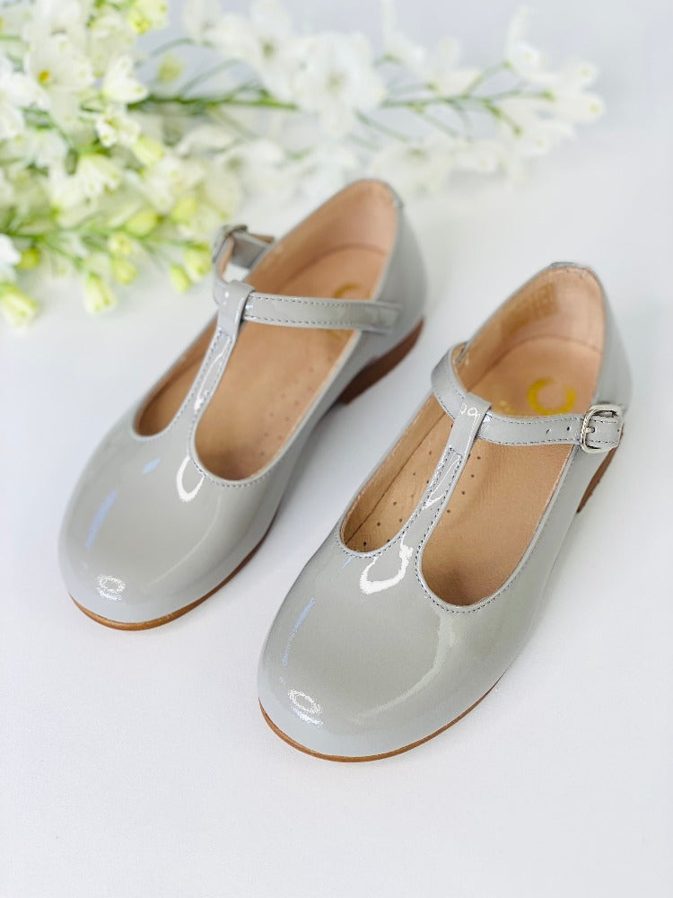 Chloe & Jule Mary Jane T-Bar Chloe Dove Grey Patent | Dress Shoes | Bon Bon Tresor