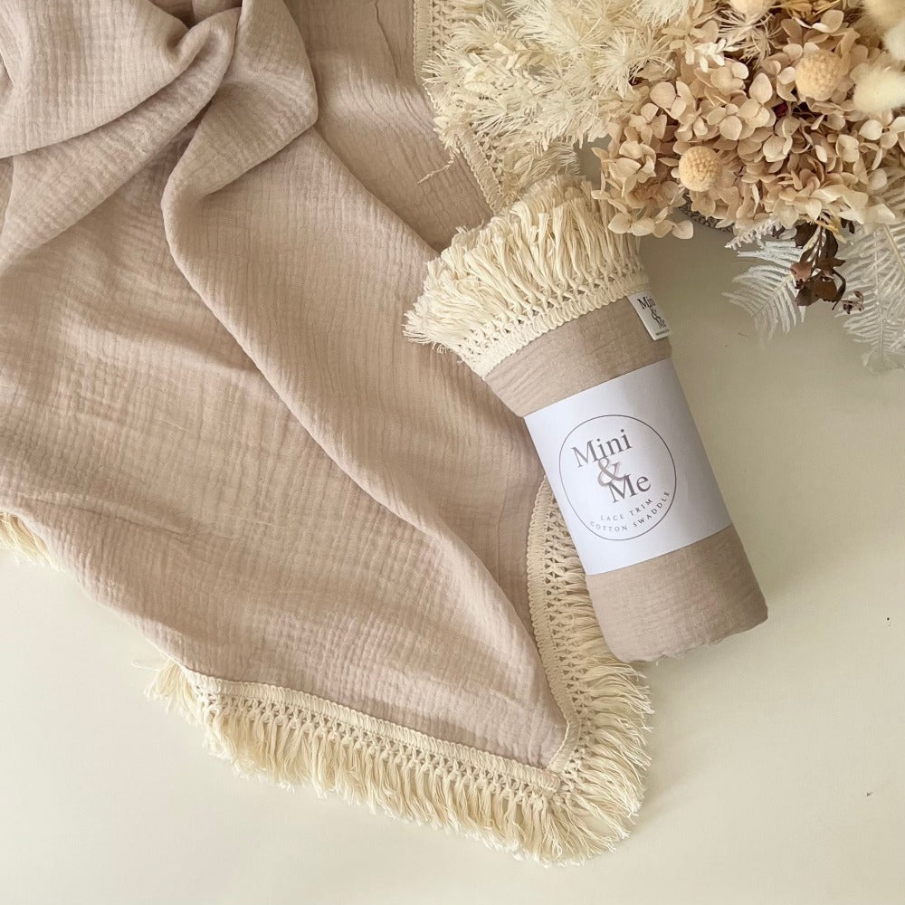 Mini & Me Lace Trim Cotton Swaddle Fawn | Wraps & Swaddles | Bon Bon Tresor