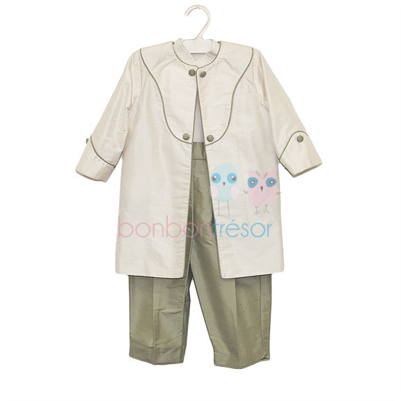 Christening Baby Boy Silk 3 Piece Olive Suit Set | Suits & Sets | Bon Bon Tresor