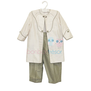 Christening Baby Boy Silk 3 Piece Olive Suit Set | Suits & Sets | Bon Bon Tresor