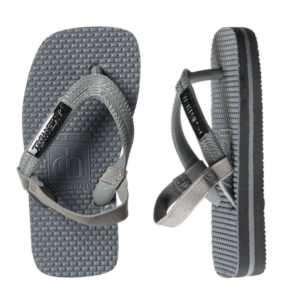 Damien Hall Boutique Kids Charcoal Grey Thongs Gun Metal Black Badge With Straps | Flip Flops | Bon Bon Tresor