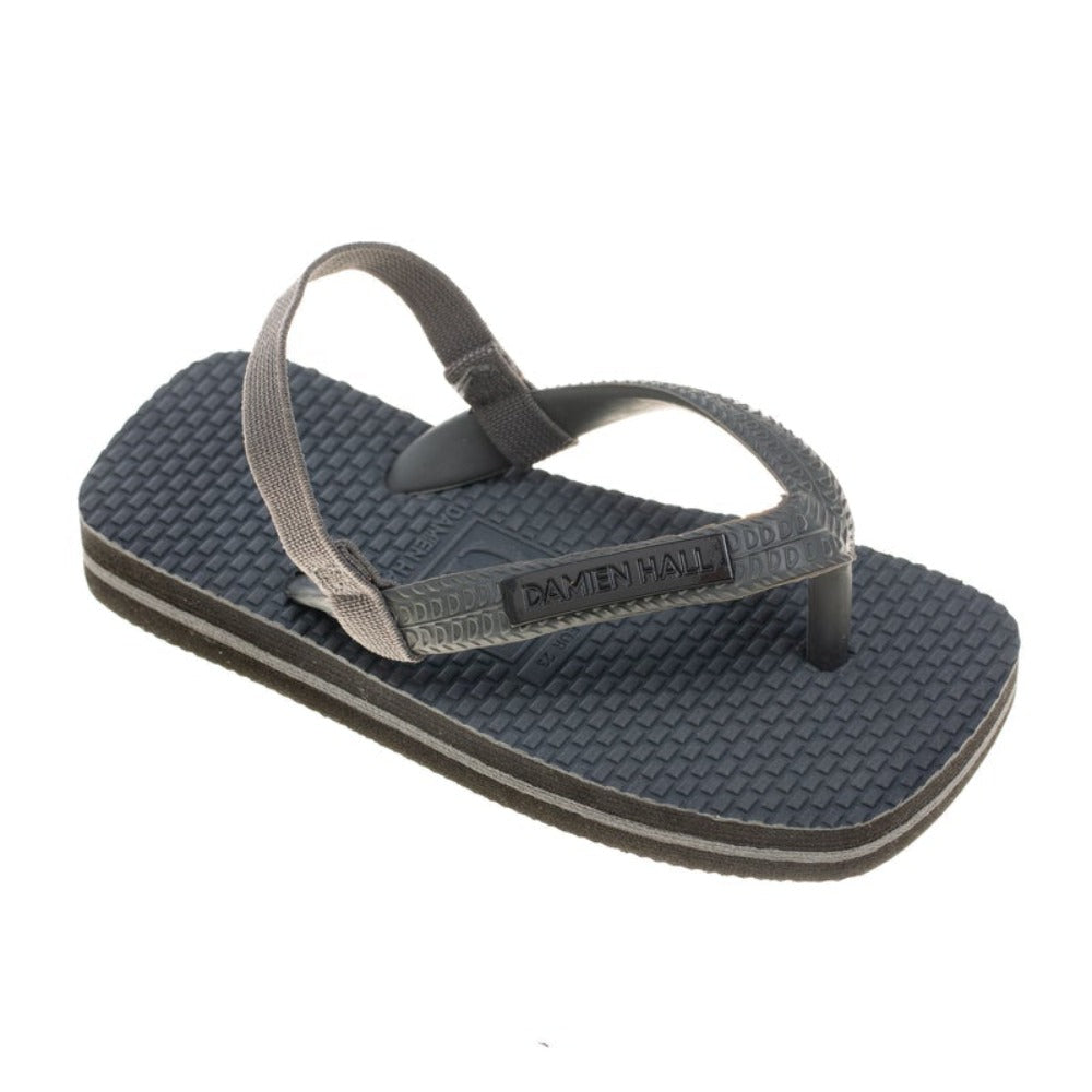 Damien Hall Boutique Kids Charcoal Grey Thongs Gun Metal Black Badge With Straps | Flip Flops | Bon Bon Tresor