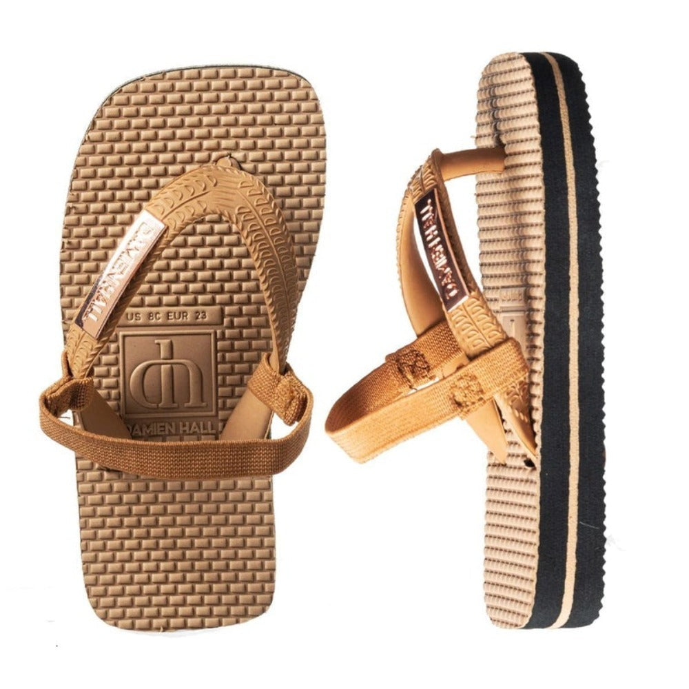 Damien Hall Boutique Kids Tan Thongs Rose Gold Badge With Straps | Flip Flops | Bon Bon Tresor