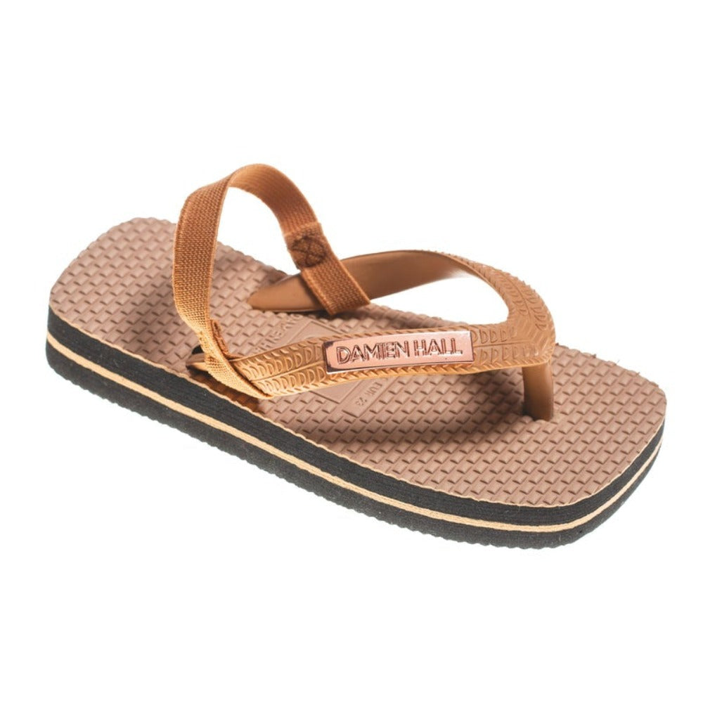 Damien Hall Boutique Kids Tan Thongs Rose Gold Badge With Straps | Flip Flops | Bon Bon Tresor