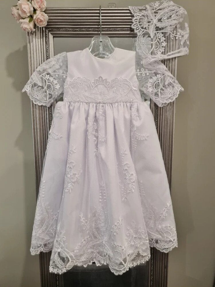 Christening - Mia Satin Lace Short Gown | Gowns | Bon Bon Tresor