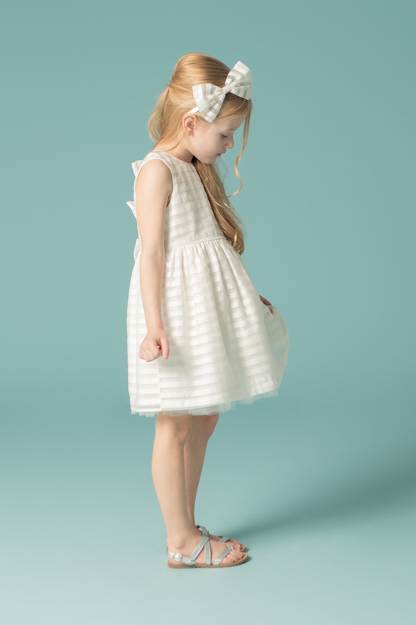 Hucklebones White Organza Stripe Bodice Party Dress | Party Dresses | Bon Bon Tresor