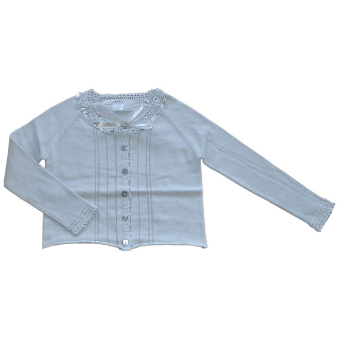 Willow and Finn Silver Crochet Lace Trim Cardigan | Sweaters & Knitwear | Bon Bon Tresor
