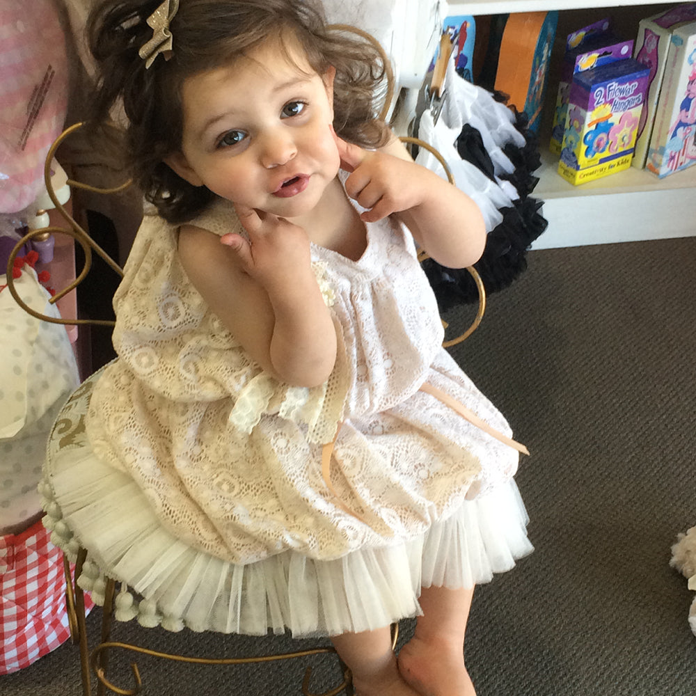 Dolce Bambini - Girls Linen Lace Applique Dress | Party Dresses | Bon Bon Tresor